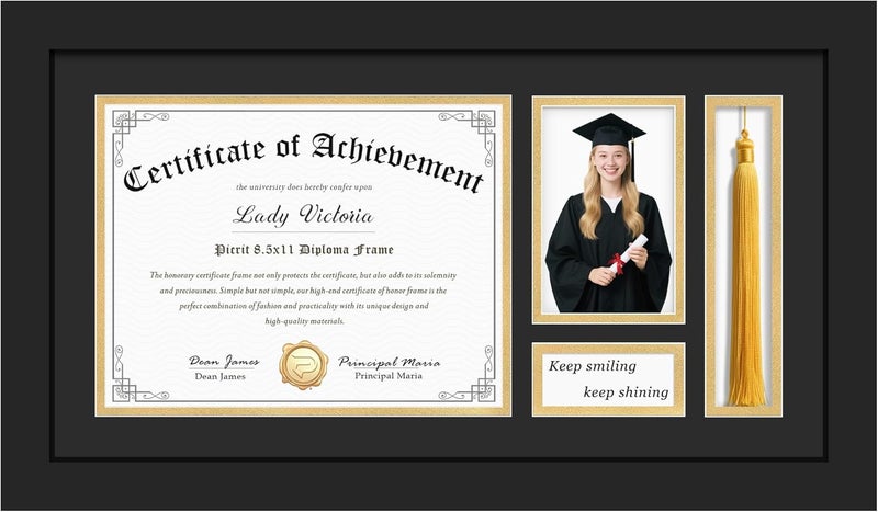 Picrit 11x21 Diploma Frames with Tassel Holder for 8.5x11 Certificate/Degree Document & 4x6 Graduation Photos, with Tempered Glass, Black with Gold Mat, Wall Mount Display - Image 1